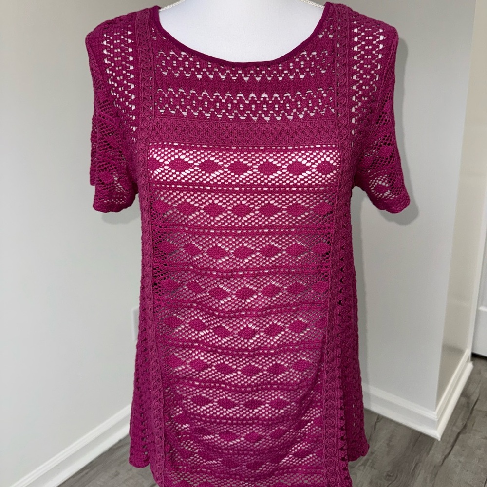 Lucky Brand Fuchsia Crochet Knit Short Sleeve‎ Top Women’s M Boho Festival